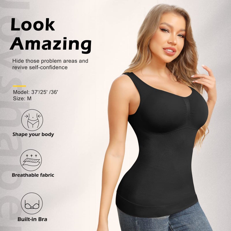 JOYSHAPER Shapewear Camisoles With Built in Bra Tummy Control Compression Tank Tops for Women Body Shaper Padded Tanks Black M - Image 4